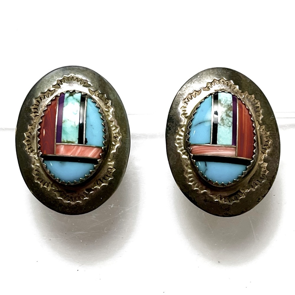 Navajo, Old Pawn Vintage Sterling Silver Turquoise Coral Shell Inlay Earrings